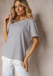 Biały T-shirt z Bawełny z Koronkową Wstawką w Paski Plastina. Białe t-shirty Renee, l, z aplikacjami, z bawełny, klasyczne, bez kołnierzyka, bez ramiączek. W wyprzedaży za 55.99 zł.