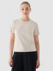 4F T-shirt regular z nadrukiem damski - beżowy XXL. Brązowe t-shirty 4f, xs, bez wzorów, z bawełny, klasyczne, bez kołnierzyka, bez ramiączek. W wyprzedaży za 29.99 zł.