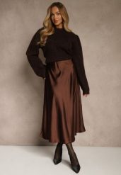 Brązowa Satynowa Midi Spódnica Rozkloszowana z Gumką w Pasie i Suwakiem Leose. Brązowe spódnice Renee, l, bez wzorów, z satyny, midi, rozkloszowane. Za 109.99 zł.