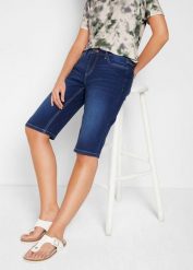 Bermudy jeansowe ze stretchem, średni stan. Niebieskie jeansy bonprix, bez wzorów, z elastanu, klasyczne. Za 102.99 zł.