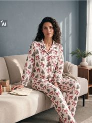 Dwuczęściowa piżama świąteczna w choinki i kokardy - wielobarwny. Piżamy Sinsay, l, bez wzorów, bez kołnierzyka, bez ramiączek. Za 69.99 zł.