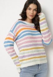 Niebieski Sweter w Kolorowe Paski z Wełną Amleva. Niebieskie swetry Born2be, m, bez wzorów, z jeansu, eleganckie, bez ramiączek. W wyprzedaży za 110.49 zł.