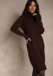 Brązowa Sweterkowa Sukienka z Bawełną i Golfem Reinaria. Brązowe sukienki Renee, na co dzień, bez wzorów, z bawełny, bez kołnierzyka, bez ramiączek. Za 99.99 zł.