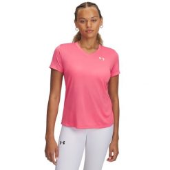 Koszulka treningowa damska z dekoltem w serek Under Armour Tech™. Białe t-shirty sportowe Under Armour, bez wzorów, z materiału, bez ramiączek. Za 186.50 zł.