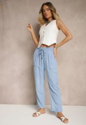 Niebieskie Spodnie z Bawełną High Waist Ozdobione Wiązaniem Calwia. Niebieskie jeansy Renee, bez wzorów, z bawełny, eleganckie, z podwyższonym stanem. W wyprzedaży za 55.99 zł.