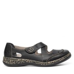 Półbuty Rieker. Czarne półbuty wsuwane Rieker, bez wzorów, bez obcasa, na płaskiej podeszwie. Za 329.99 zł.