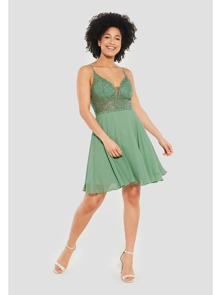 SWING Sukienka w kolorze zielonym rozmiar: 40. Zielone sukienki Swing, bez wzorów, bez kołnierzyka, bez ramiączek, mini, rozkloszowane. Za 240.43 zł.