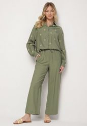 Zielony Komplet z Wiskozy o Kroju Oversize Koszula z Haftem i Spodnie Sadeonna. Zielone koszule Born2be, l, bez wzorów, z wiskozy, eleganckie, bez kołnierzyka, bez ramiączek. Za 169.99 zł.
