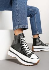 Czarne Sznurowane Trampki za Kostkę na Platformie Ealsevia. Czarne trampki Renee, bez wzorów, z jeansu, eleganckie, za kostkę, bez zapięcia. W wyprzedaży za 83.99 zł.