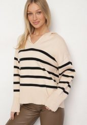 Czarno-Beżowy Sweter Ozdobiony Paskami i Kołnierzykiem Arsena. Czarne swetry Born2be, s, bez wzorów, z jeansu, biznesowe, bez ramiączek. Za 99.99 zł.