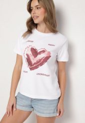 Biały T-shirt z Ozdobnym Nadrukiem Palithiela. Białe t-shirty Born2be, l, bez wzorów, z jeansu, klasyczne, bez kołnierzyka, bez ramiączek. W wyprzedaży za 29.74 zł.