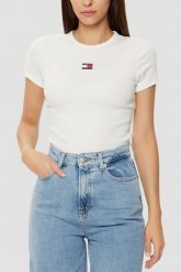 TOMMY JEANS Damski t-shirt w kolorze ecru, Rozmiar L. Brązowe t-shirty Tommy Jeans, l, bez wzorów, z jeansu, bez kołnierzyka, bez ramiączek. W wyprzedaży za 99.99 zł.