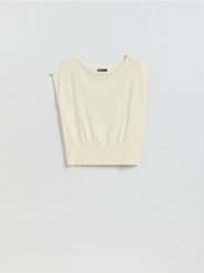 Bluzka z wiskozą - kremowy. Białe bluzki Reserved, l, bez wzorów, z dzianiny, bez kołnierzyka, bez ramiączek. Za 79.99 zł.