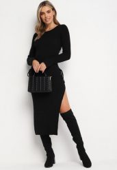 Czarna Sukienka Midi z Prążkowanej Dzianiny z Wiązaniami po Bokach Aramelia. Czarne sukienki Born2be, m, bez wzorów, z dzianiny, bez kołnierzyka, bez ramiączek, midi. W wyprzedaży za 118.99 zł.