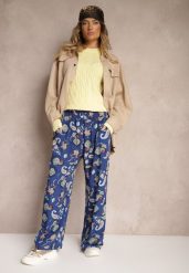Niebieskie Bawełniane Spodnie Boho w Stylu Palazzo z Gumką w Pasie i Wysokim Stanem Pravia. Niebieskie jeansy Renee, bez wzorów, z bawełny, boho, z podwyższonym stanem. W wyprzedaży za 29.99 zł.