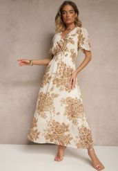 Jasnobeżowa Rozkloszowana Sukienka z Wiązaniem w Kwiatowy Wzór Jeloiti. Brązowe sukienki Renee, na co dzień, l, bez wzorów, eleganckie, bez kołnierzyka, bez ramiączek, maxi, proste. W wyprzedaży za 83.99 zł.