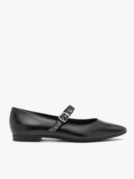 Czarne baleriny z klamrą i noskiem w szpic. Czarne baleriny Ryłko, bez wzorów, ze skóry, eleganckie, bez obcasa, na szpilce, bez zapięcia. Za 349.99 zł.