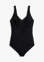 Body bez fiszbinów z koronką, średni stopień modelowania sylwetki. Czarne bielizna modelująca bonprix, bez wzorów, z koronki, bez ramiączek. Za 124.99 zł.
