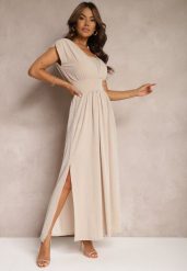 Beżowa Sukienka o Metalicznym Połysku z Gumką w Pasie i Głębokim Dekoltem Kigelia. Brązowe sukienki Renee, na imprezę, bez wzorów, eleganckie, bez kołnierzyka, bez ramiączek, maxi, dopasowane. W wyprzedaży za 91.99 zł.
