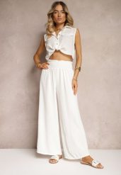 Białe Spodnie High Waist z Szerokimi Nogawkami i Gumką w Pasie Risabessa. Białe jeansy Renee, m, bez wzorów, z jeansu, eleganckie, z podwyższonym stanem. W wyprzedaży za 39.99 zł.