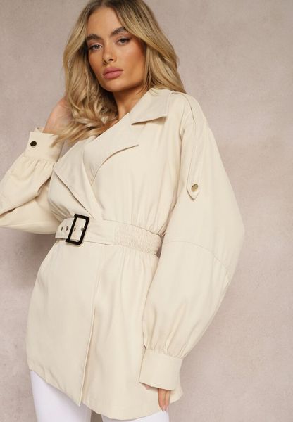 Beżowy Płaszcz o Krótkim Fasonie z Paskiem i Elastyczną Talią oraz Bufiastymi Rękawami Pathia. Brązowe płaszcze Renee, l, bez wzorów, z jeansu, biznesowe, bez kaptura. Za 149.99 zł.