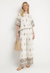 Beżowy Komplet Wiskozowy Bluzka i Spodnie w Boho Wzór Divenna. Brązowe bluzki Born2be, l, z aplikacjami, z materiału, boho, bez kołnierzyka, bez ramiączek. Za 99.99 zł.