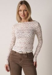 Beżowy Bluzka Koronkowa z Transparentnego Materiału Hermatea. Brązowe bluzki Born2be, m, bez wzorów, z jeansu, eleganckie, bez kołnierzyka, bez ramiączek. Za 79.99 zł.