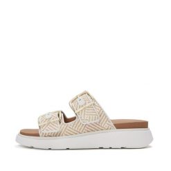 Klapki na koturnie z klamrą damskie FitFlop Gen-FF. Białe klapki FIT FLOP, bez wzorów, ze splotem, wakacyjne, bez obcasa, na koturnie, bez zapięcia. Za 678.50 zł.