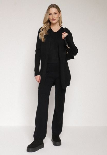 Czarny Komplet Dzianinowy z Bawełną Spodnie Kamizelka i Długi Kardigan Meviravia. Czarne swetry Born2be, bez wzorów, z bawełny, eleganckie, bez ramiączek. Za 139.99 zł.