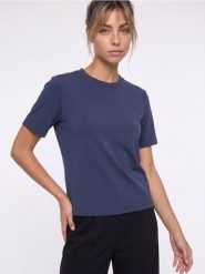 Jednolita koszulka z krótkim rękawem - granatowy. Niebieskie t-shirty sportowe Sinsay, l, bez wzorów, bez ramiączek, na fitness i siłownię. Za 25.99 zł.