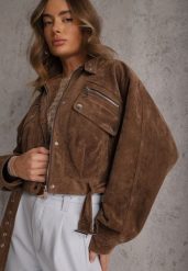 Brązowa Kurtka Utility Cropped z Imitacji Zamszu z Suwakami i Paskiem w Talii Gleania. Brązowe kurtki Renee, l, bez wzorów, z koronki, rockowe, bez kaptura. Za 219.99 zł.