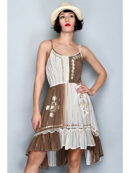 H.H.G. Sukienka w kolorze brązowo-białym rozmiar: L. Białe sukienki H.H.G., l, bez wzorów, z koronki, bez kołnierzyka, bez ramiączek, mini. Za 41.59 zł.