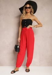 Czerwone Casualowe Spodnie High Waist Wykończone Gumką w Pasie Dimrue. Czerwone jeansy Renee, l, bez wzorów, z jeansu, eleganckie, z podwyższonym stanem. W wyprzedaży za 29.99 zł.