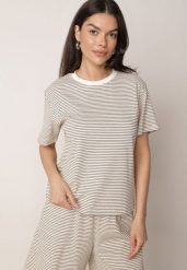 Kremowo-Czarny Klasyczny T-shirt z Bawełny o Prostym Kroju Phemeni. Brązowe t-shirty Born2be, l, bez wzorów, z bawełny, eleganckie, bez kołnierzyka, bez ramiączek. Za 59.99 zł.