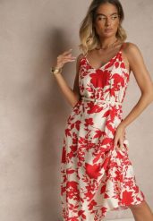 Czerwona Sukienka z Wiskozą o Rozkloszowanym Kroju w Kwiaty Thirimi. Czerwone sukienki Renee, na co dzień, l, bez wzorów, z wiskozy, eleganckie, bez kołnierzyka, bez ramiączek, maxi, rozkloszowane. W wyprzedaży za 55.99 zł.