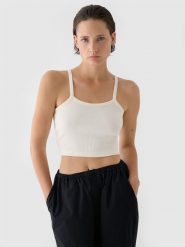 4F Crop top slim damski - biały M. Białe topy 4f, m, bez wzorów, z bawełny, sportowe, bez kołnierzyka, bez ramiączek. W wyprzedaży za 29.99 zł.