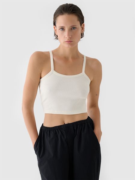 4F Crop top slim damski - biały M. Białe topy 4f, m, bez wzorów, z bawełny, sportowe, bez kołnierzyka, bez ramiączek. Za 69.99 zł.
