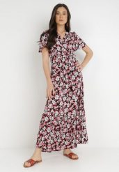 Czarno-Czerwona Sukienka z Wiskozy Cirukas. Czerwone sukienki Born2be, na co dzień, m, bez wzorów, z materiału, klasyczne, bez kołnierzyka, bez ramiączek, maxi, kopertowe. Za 129.99 zł.