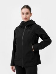 4F Kurtka trekkingowa membrana 10000 damska S. Czarne kurtki 4f, m, bez wzorów, z hardshellu, bez kaptura. W wyprzedaży za 79.99 zł.
