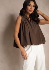 Brązowa Bluza Oversize z Kołnierzykiem o Rozkloszowanym Kroju Erivelle. Brązowe bluzy Renee, m, bez wzorów, bez ramiączek, bez kaptura. W wyprzedaży za 55.99 zł.