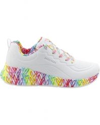 Buty sportowe Sneakersy damskie, Uno Lite - Exuberant Hearts. Białe buty treningowe Skechers, bez wzorów, z materiału, przed kostkę, bez zapięcia, trekkingowe. Za 299.99 zł.