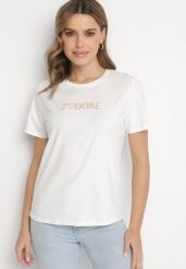 Biały Bawełniany T-shirt Ozdobiony Napisem Nalaviraen. Białe t-shirty Born2be, m, bez wzorów, z bawełny, eleganckie, bez kołnierzyka, bez ramiączek. W wyprzedaży za 33.99 zł.