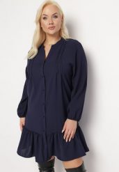 Granatowa Koszulowa Sukienka Mini z Falbanką Brindel. Niebieskie sukienki Born2be, l, bez wzorów, bez kołnierzyka, bez ramiączek, mini, koszulowe. W wyprzedaży za 84.99 zł.