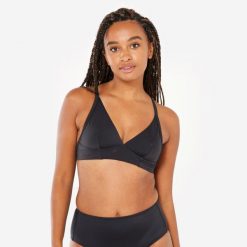 Góra kostiumu kąpielowego surfingowego damska Olaian Bea. Czarne bikini OLAIAN, bez wzorów, z elastanu, sportowe. Za 79.99 zł.