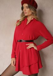 Czerwona Koszulowa Sukienka o Asymetrycznym Rozkloszowanym Kroju z Gumką w Talii Eloriana. Czerwone sukienki Renee, na co dzień, bez wzorów, eleganckie, z asymetrycznym kołnierzem, bez ramiączek, mini, asymetryczne. W wyprzedaży za 63.99 zł.