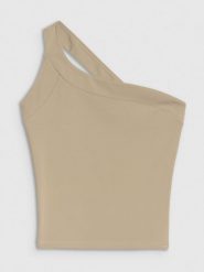 4F Crop-top slim z asymetrycznym ramiączkiem damski - beżowy M. Brązowe topy 4f, m, bez wzorów, z dzianiny, sportowe, z asymetrycznym kołnierzem, bez ramiączek. W wyprzedaży za 39.99 zł.