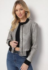 Ciemnoszara Kurtka o Kroju Bomberki z Imitacji Skóry Arivllia. Szare kurtki Born2be, l, bez wzorów, z jeansu, eleganckie, bez kaptura. Za 189.99 zł.