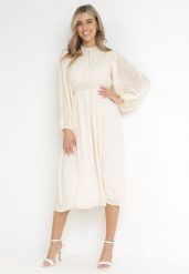 Beżowa Elegancka Sukienka Midi z Gumkami w Pasie i Ażurowymi Wstawkami Rouxia. Brązowe sukienki Born2be, l, w ażurowe wzory, eleganckie, bez kołnierzyka, bez ramiączek, midi. W wyprzedaży za 144.49 zł.