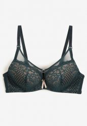 Ciemnozielony Biustonosz Push-Up z Koronki Ozdobiony Metalową Aplikacją Arissta. Zielone biustonosze Renee, z aplikacjami, z koronki. W wyprzedaży za 35.99 zł.