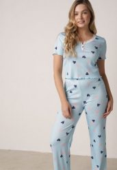 Niebieski Komplet Piżamowy z Elastycznego Materiału Spodnie i Bluzka w Serca Veys. Niebieskie piżamy Born2be, l, bez wzorów, z materiału, bez kołnierzyka, bez ramiączek. Za 79.99 zł.